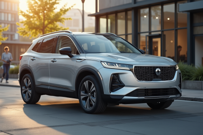 SUV compact argenté en ville en lumière naturelle
