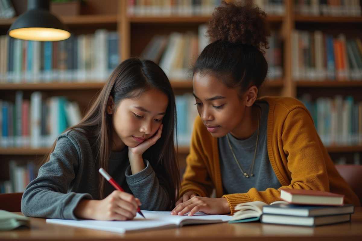 Adolescent et éducateur dans une bibliothèque moderne et chaleureuse