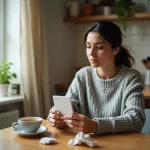 Femme tenant une boîte de patchs à la nicotine dans une cuisine, alternative au tabac pour arrêter de fumer