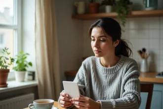 Femme tenant une boîte de patchs à la nicotine dans une cuisine, alternative au tabac pour arrêter de fumer