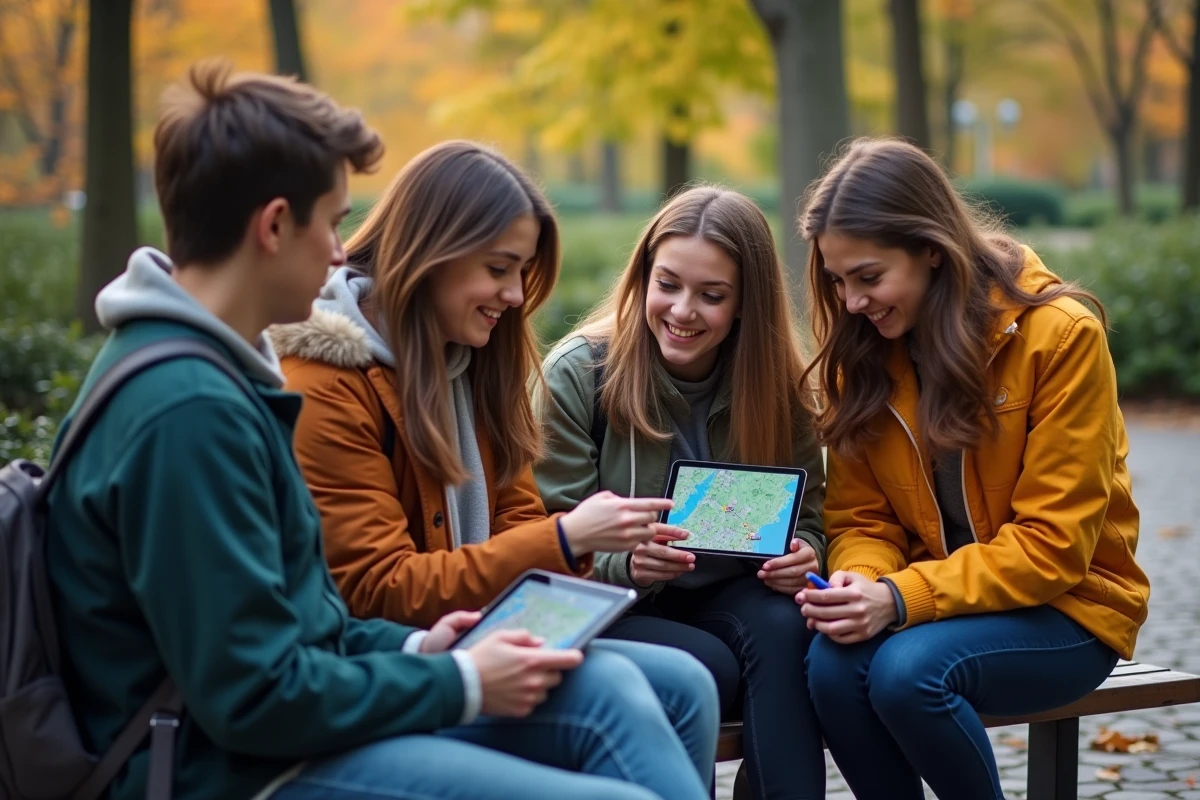 Groupe d amis jouant ensemble avec tablettes dofus dans un parc