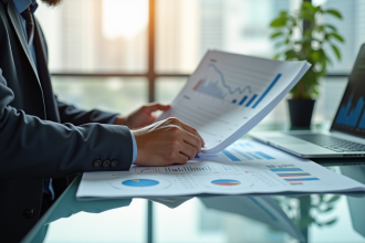 Analyste financier dans un bureau moderne avec graphiques