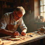 Artisan français travaillant le bois dans un atelier lumineux