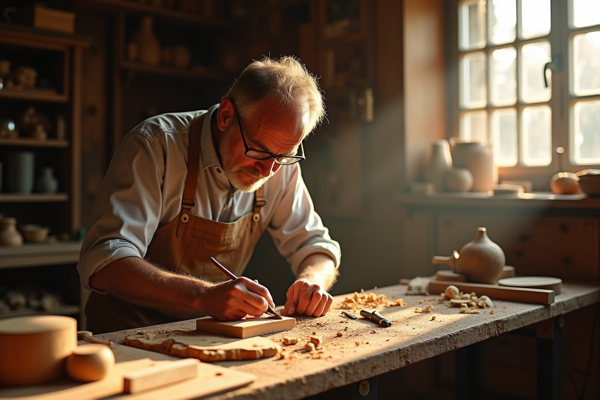 Artisan français travaillant le bois dans un atelier lumineux