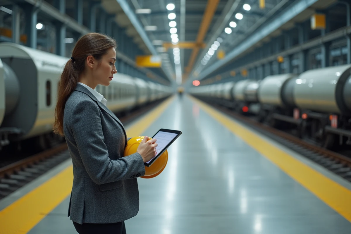 Auditrice qualité effectuant un audit de conformité IRIS02 sur une ligne d'assemblage de matériel ferroviaire