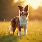 Chien berger australien brun en plein soleil dans un champ