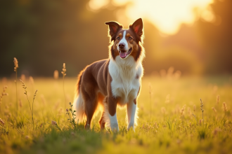 Chien berger australien brun en plein soleil dans un champ