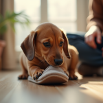 Jeune chiot dachshund mâchant une chaussure dans un salon lumineux