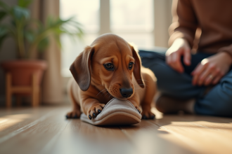 Jeune chiot dachshund mâchant une chaussure dans un salon lumineux