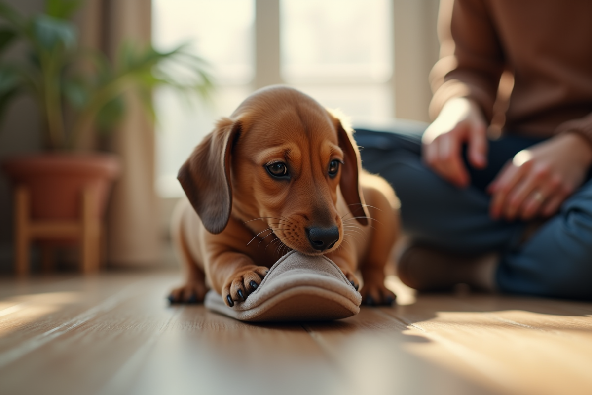 Jeune chiot dachshund mâchant une chaussure dans un salon lumineux