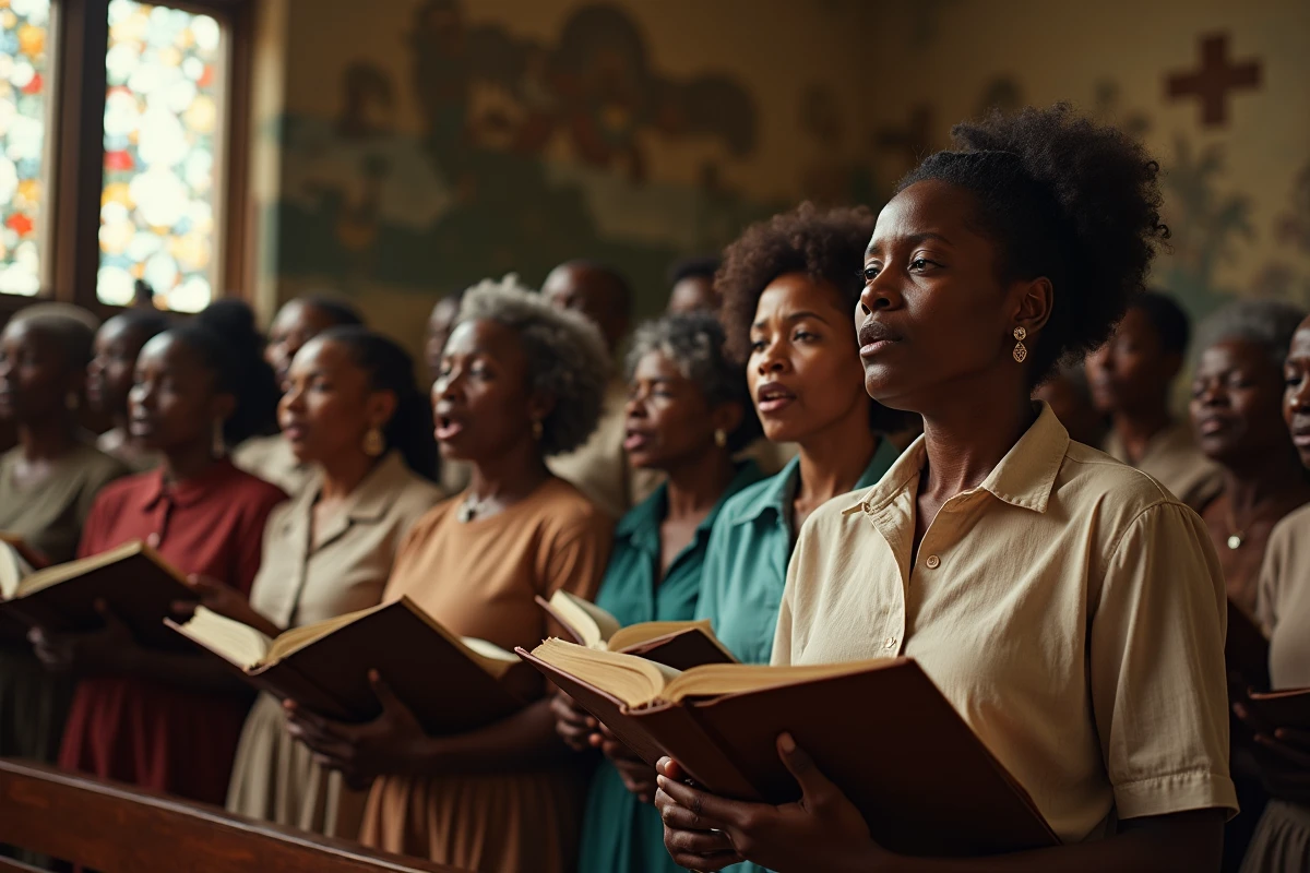 Groupe de personnes chantant dans une église ancienne