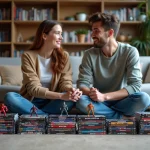 Jeune couple avec collections de comics et figurines Marvel
