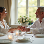 Couple d'annee fiftie échangeant des bagues en argent