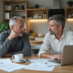 Couple en discussion dans une cuisine moderne et lumineuse