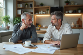 Couple en discussion dans une cuisine moderne et lumineuse