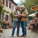 Couple inspectant une vieille vaisselle en marché en plein air