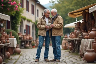 Couple inspectant une vieille vaisselle en marché en plein air