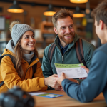 Jeune couple souriant au magasin de sport en plein air