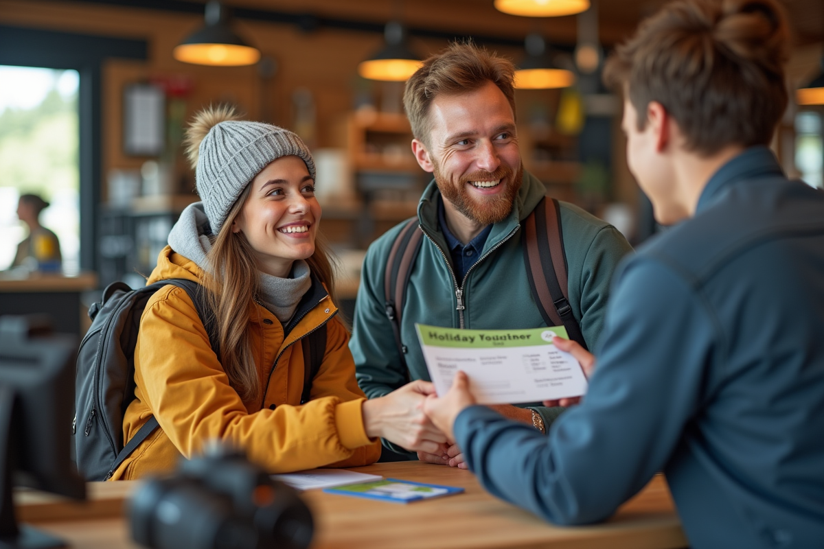 Jeune couple souriant au magasin de sport en plein air