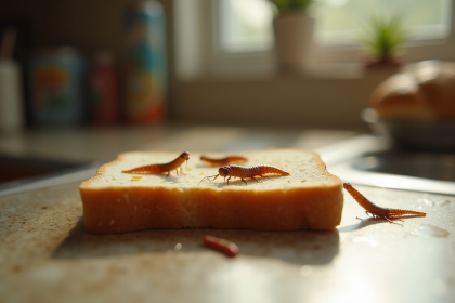 Gros plan d'une tranche de pain avec des asticots sur la surface
