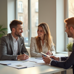 Couple et agent immobilier discutant à une table lumineuse