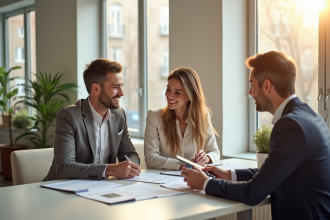 Couple et agent immobilier discutant à une table lumineuse