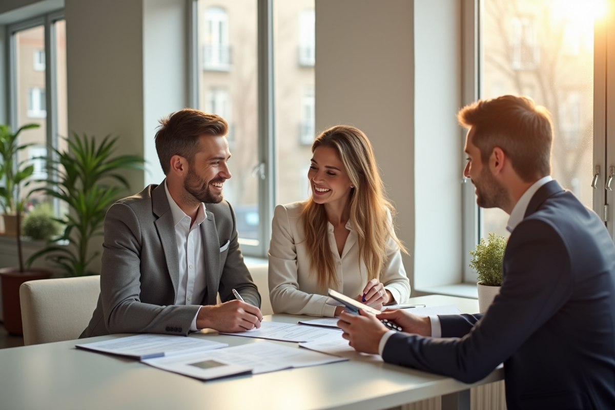 Couple et agent immobilier discutant à une table lumineuse