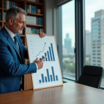 Economiste en costume bleu pointant un graphique de croissance
