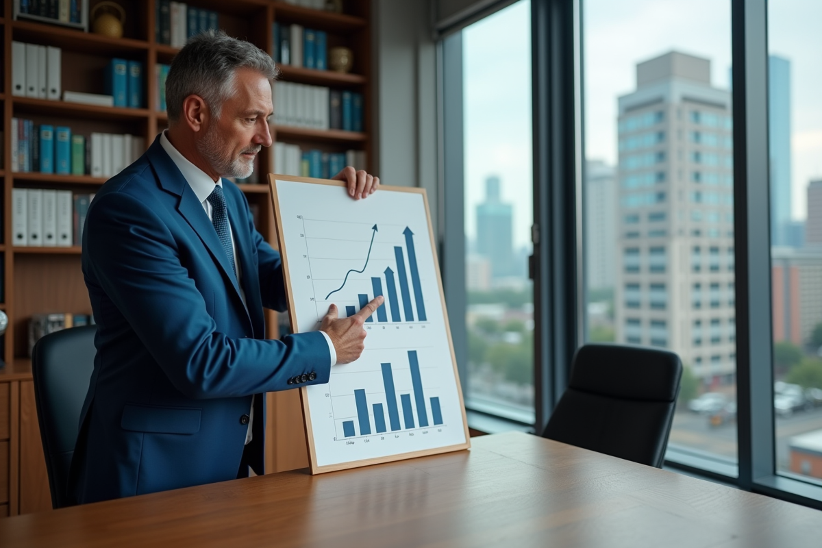 Economiste en costume bleu pointant un graphique de croissance