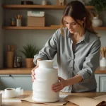 Femme emballant un vase fragile avec du papier bulle sur une table en bois pour un envoi Vinted