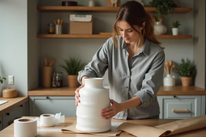 Femme emballant un vase fragile avec du papier bulle sur une table en bois pour un envoi Vinted