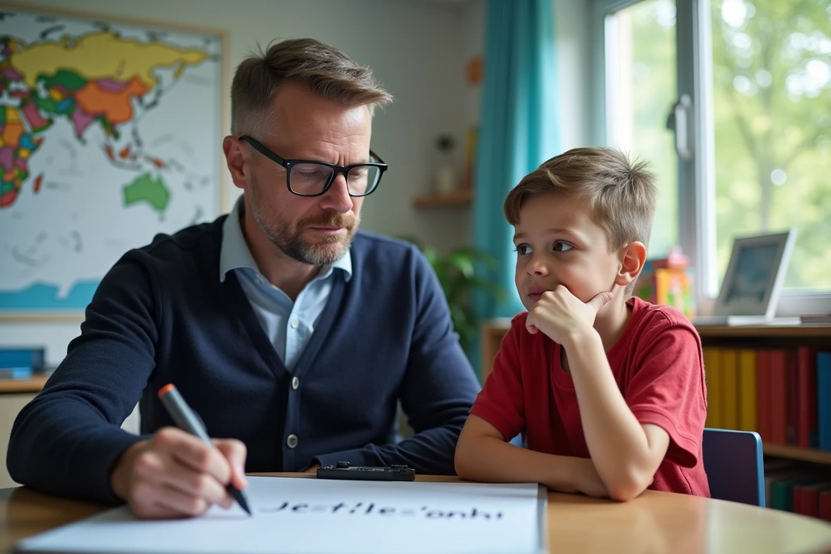 Professeur et élève concentrés sur un tableau blanc en classe