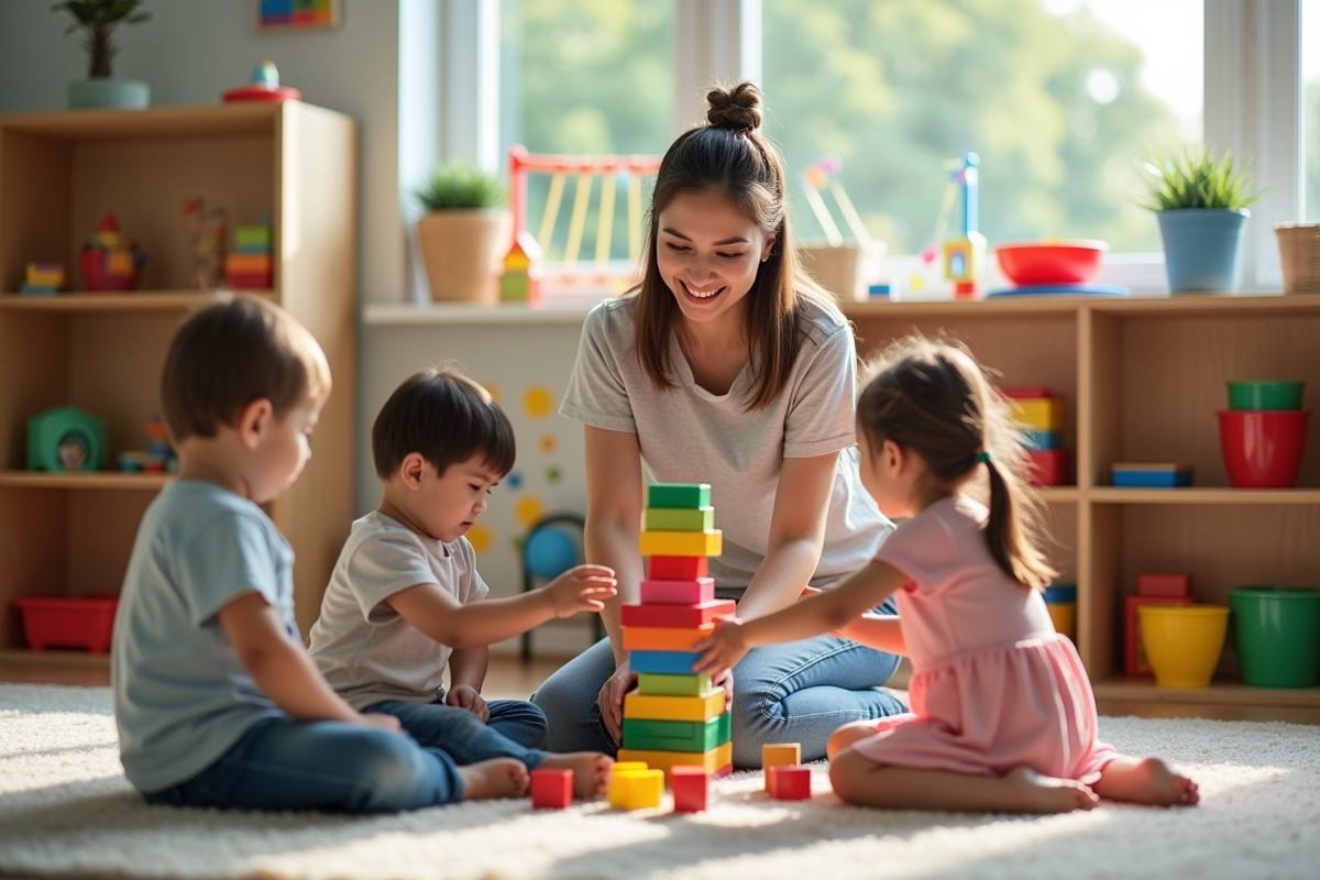Jeune enseignante aidant des enfants à construire une tour de blocs