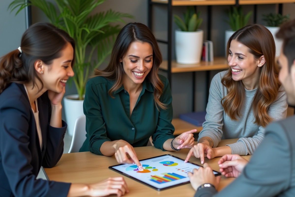 Groupe de jeunes professionnels en réunion autour d'une tablette