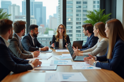 Groupe de professionnels en réunion stratégie digitale