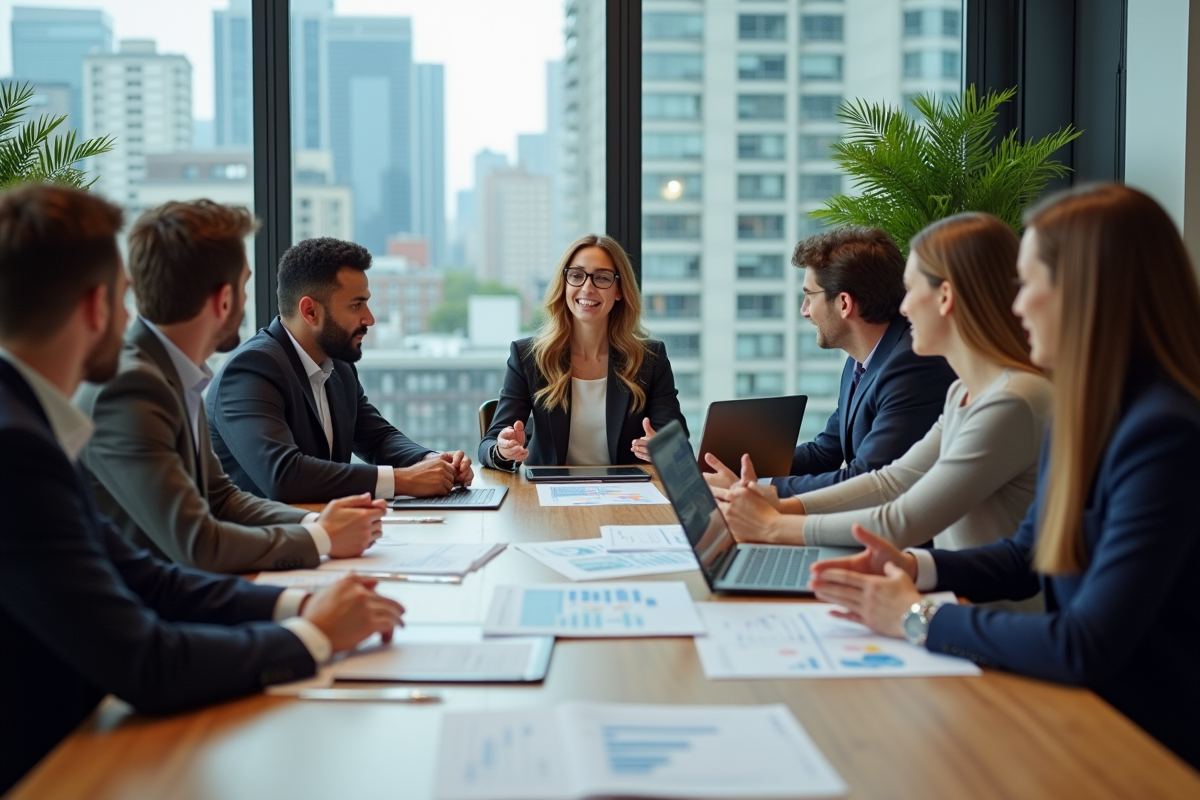 Groupe de professionnels en réunion stratégie digitale