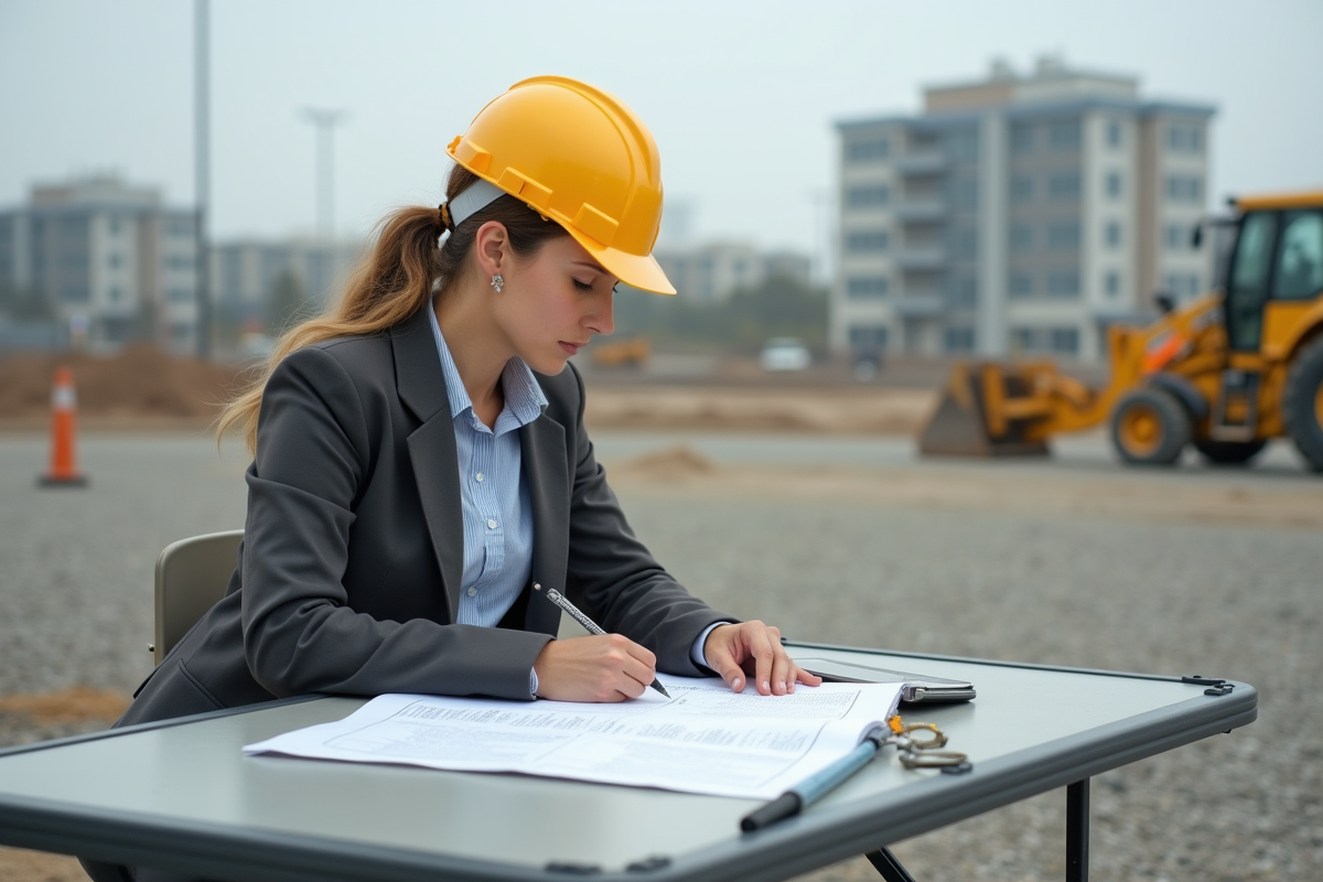 Jeune femme géomètre étudie documents urbains