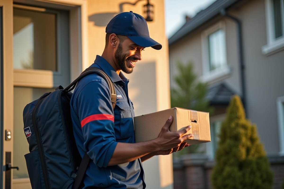 Facteur souriant scannant un colis devant une maison moderne