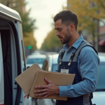 Facteur moderne triant le courrier dans un van électrique en ville