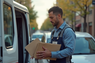 Facteur moderne triant le courrier dans un van électrique en ville