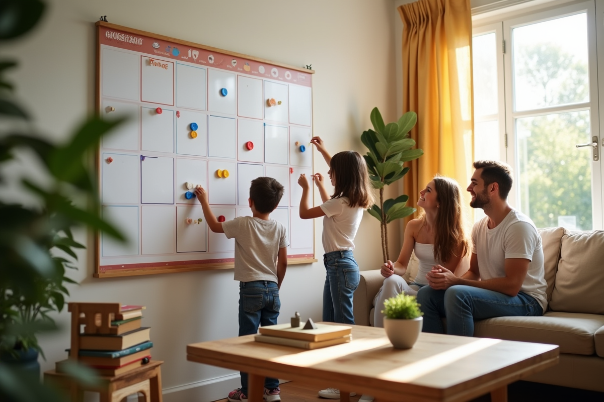 Famille posant des magnets sur un planning mural