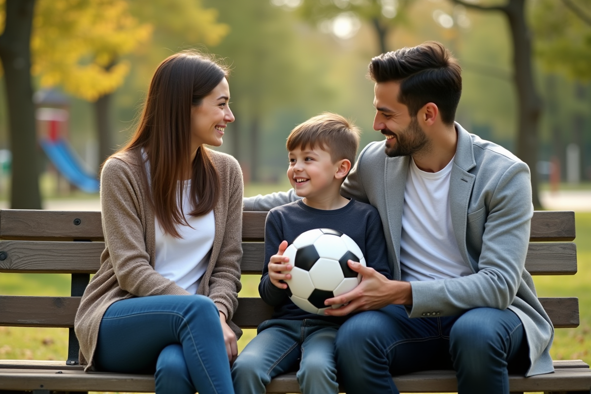 Famille assise sur un banc dans un parc en plein air