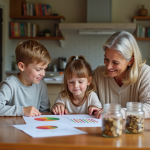 Mère et enfants analysant un graphique à la maison