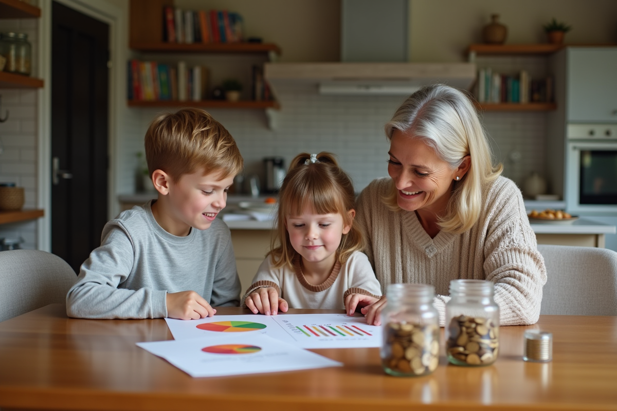Mère et enfants analysant un graphique à la maison