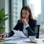Femme d'affaires en revue des factures au bureau