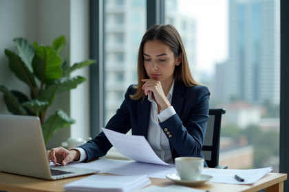 Femme d'affaires en revue des factures au bureau