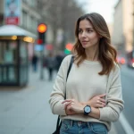 Femme regardant sa montre à un arrêt de bus en ville