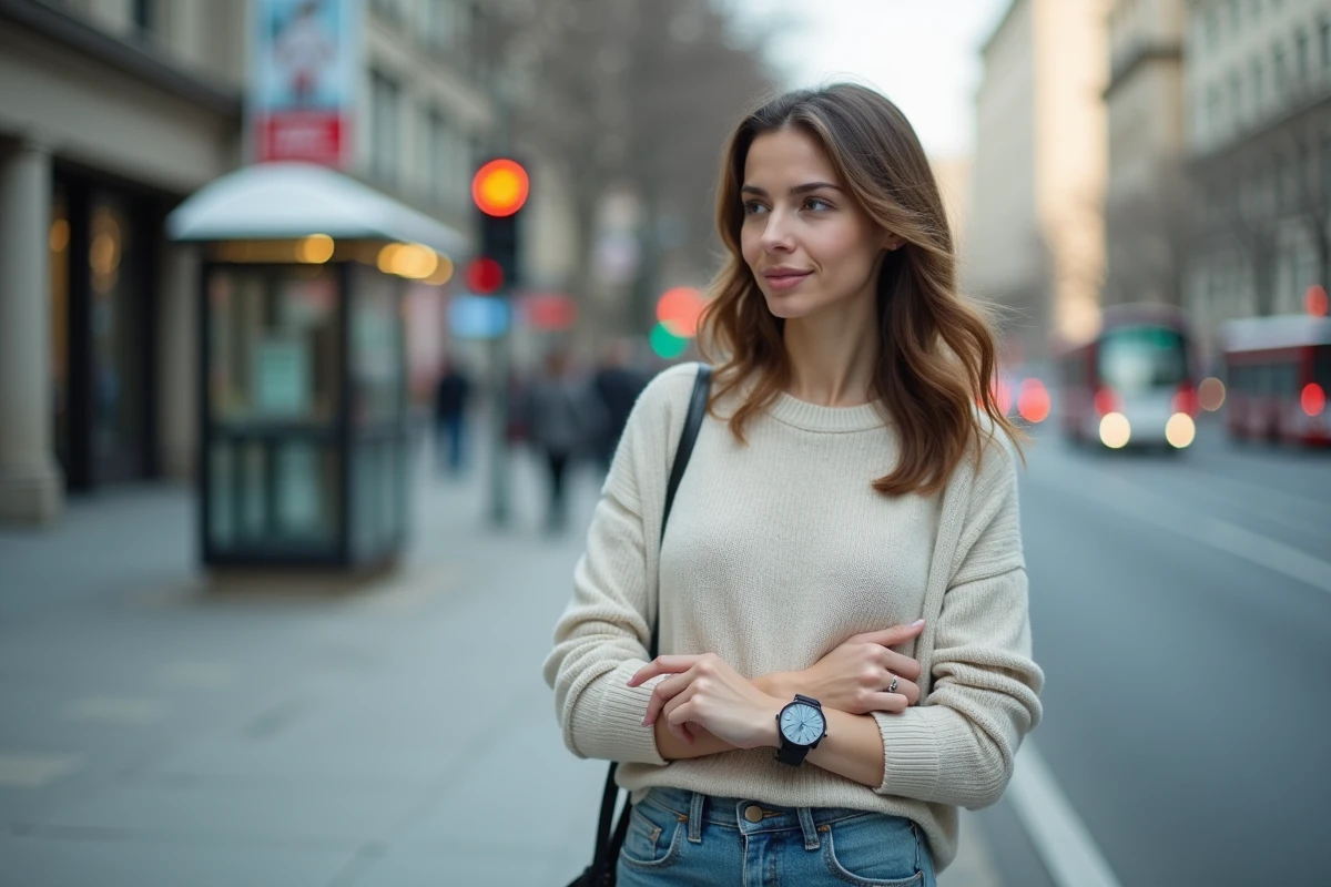 Femme regardant sa montre à un arrêt de bus en ville
