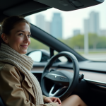 Femme souriante dans une voiture autonome moderne
