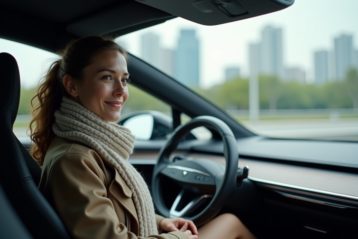 Femme souriante dans une voiture autonome moderne